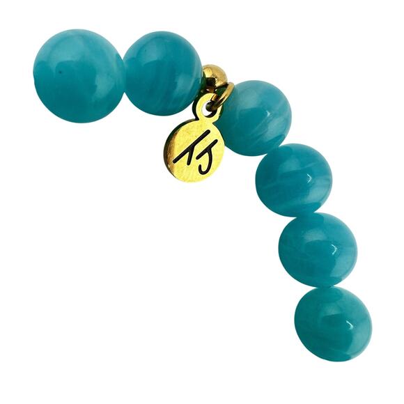 T. Jazelle 925 14K Gold Plated Amazonite Faux Opal Beaded Charm Stretch Bracelet - Picture 6 of 7